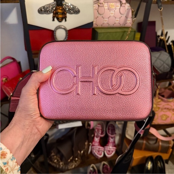 Jimmy Choo Handbags - NWT Jimmy Choo Metallic Calfskin Logo Camera Bag in peony pink leather.